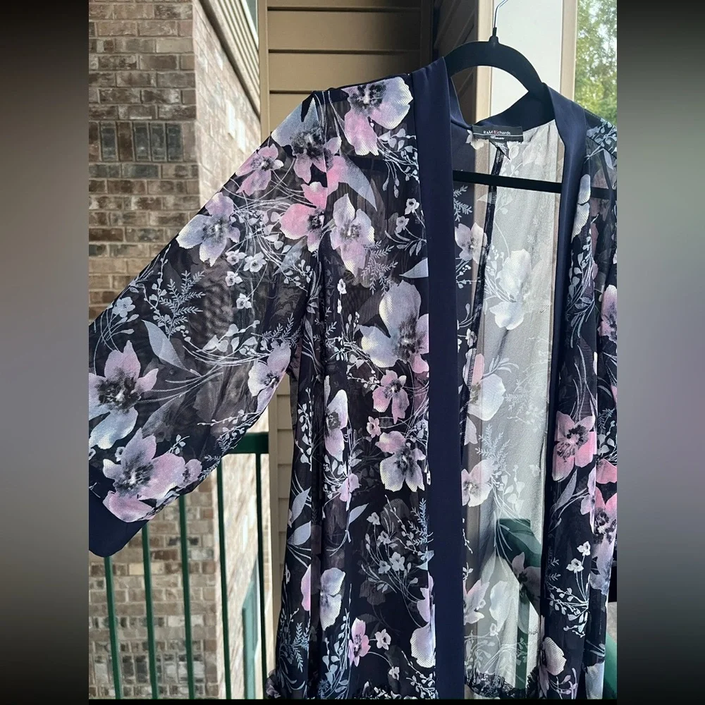 🆕 R&M Richards 22W Navy Pink Floral Mesh Jacket Kimono Cardigan Duster Plus Size - Picture 5 of 16